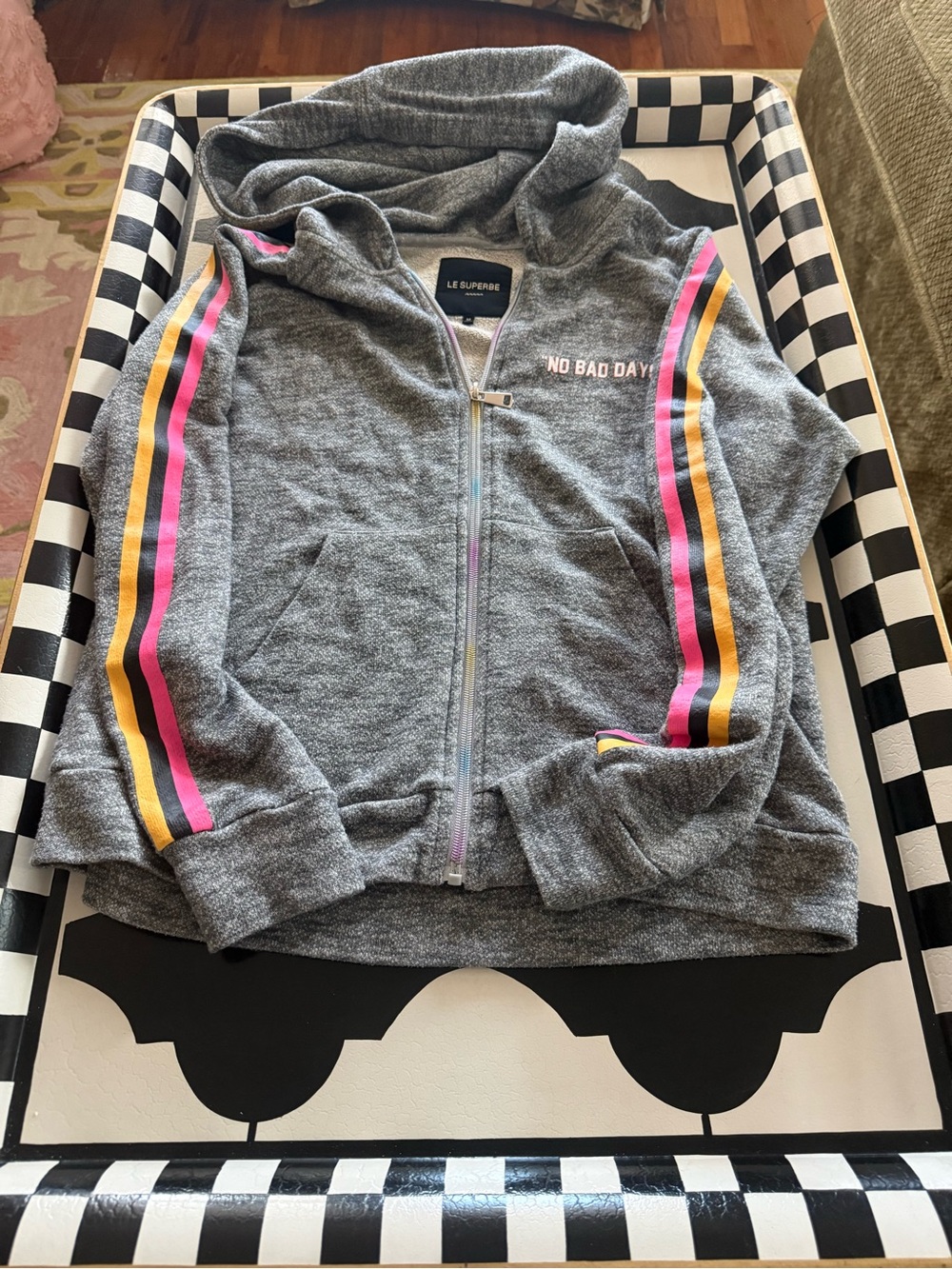 Le Superbe Women's 'No Bad Days' Gray Zip Hoodie with Pink & Yellow Stripes - Picture 9 of 11